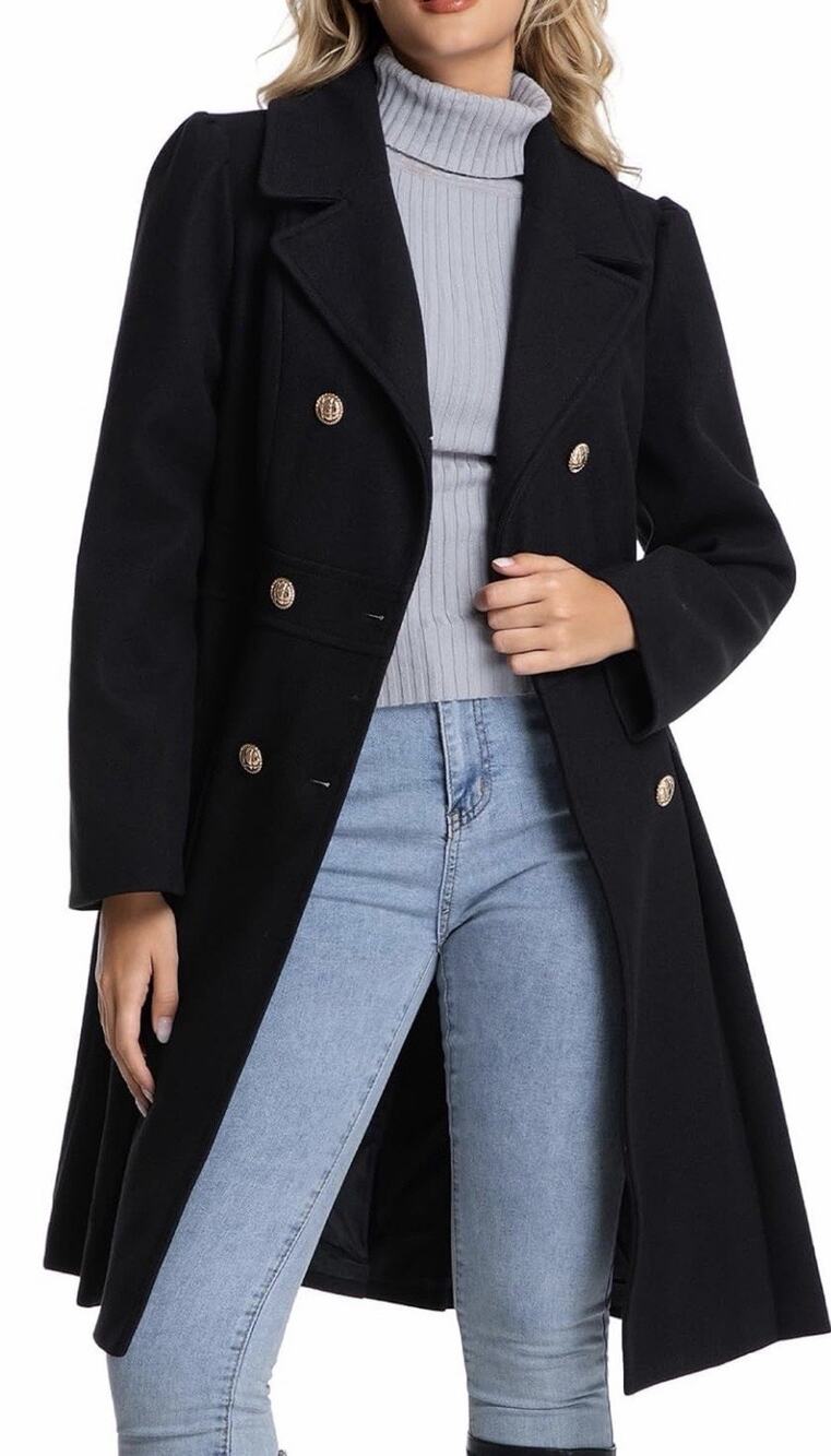 Caintima Women Double Breasted Lapel with Pockets A-line Coat Black S